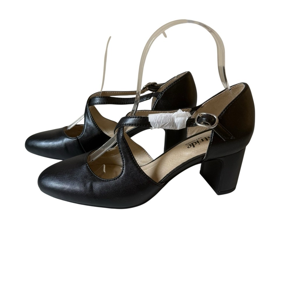 LifeStride Tracy Black Strappy Block Heel Pump Womens Sz 6.5 M Faux Leather